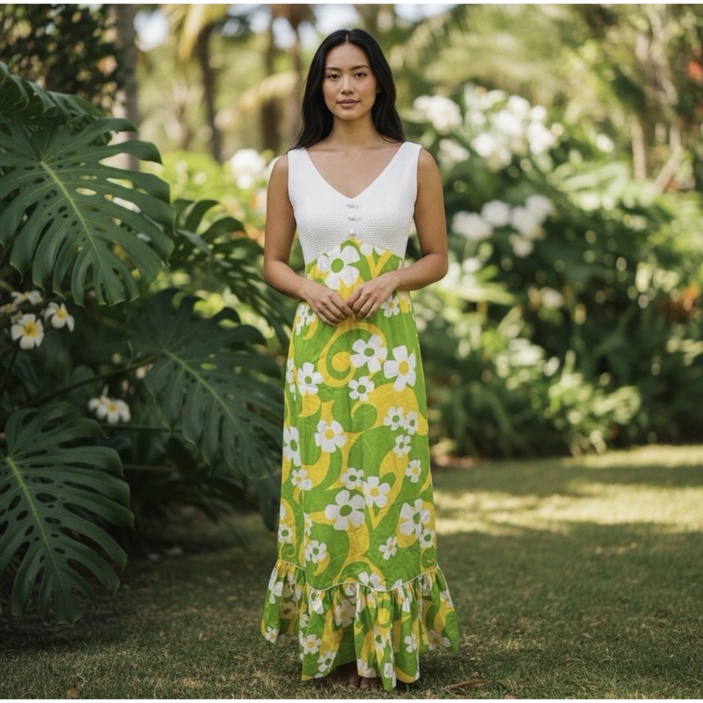 Vintage Princess Kaiulani Flower Power Hawaiian Boho Hippie Dress 70s Retro